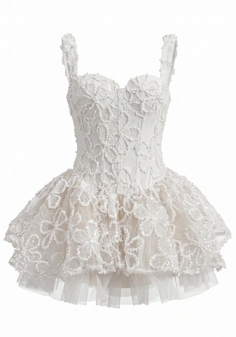 Embroidered Floral A Line dress White