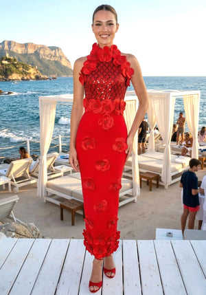 Floral Sequin Maxi Dress Red