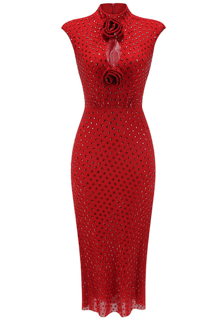 Floral Detail Sparkly Midi Dress Red
