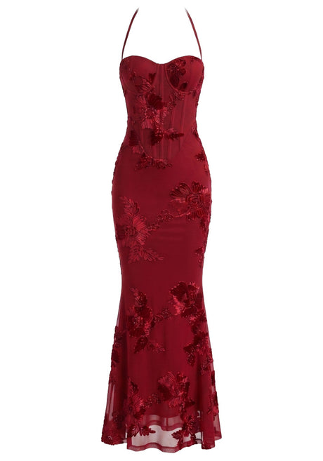 Halter Floral Strappy Backless Maxi Dress Red