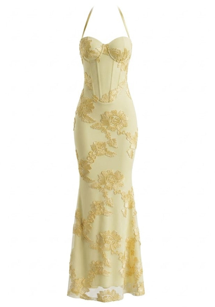 Halter Floral Strappy Backless Maxi Dress Yellow