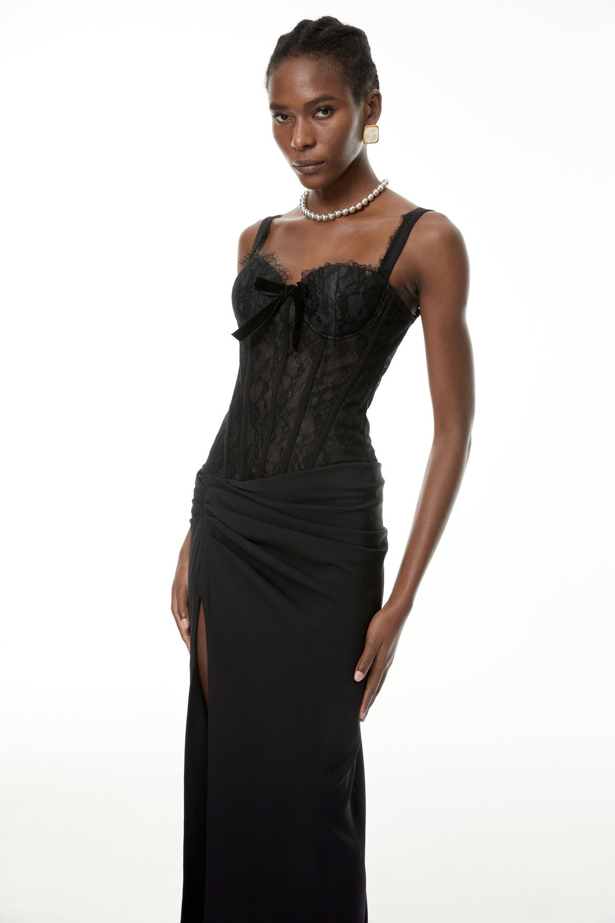 Aurohaya Francesca Black High Slit Floral Lace Maxi Dress