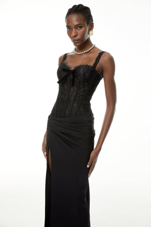 Aurohaya Francesca Black High Slit Floral Lace Maxi Dress