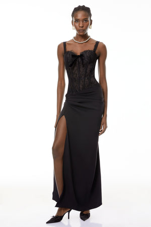 Aurohaya Francesca Black High Slit Floral Lace Maxi Dress