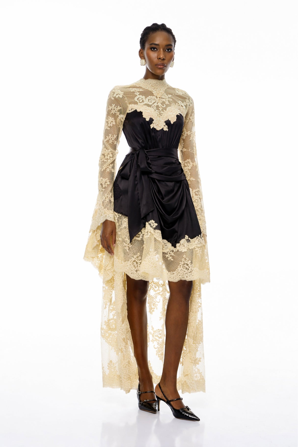 Aurohaya Francesca Black Self-tie Lace Midi Dress