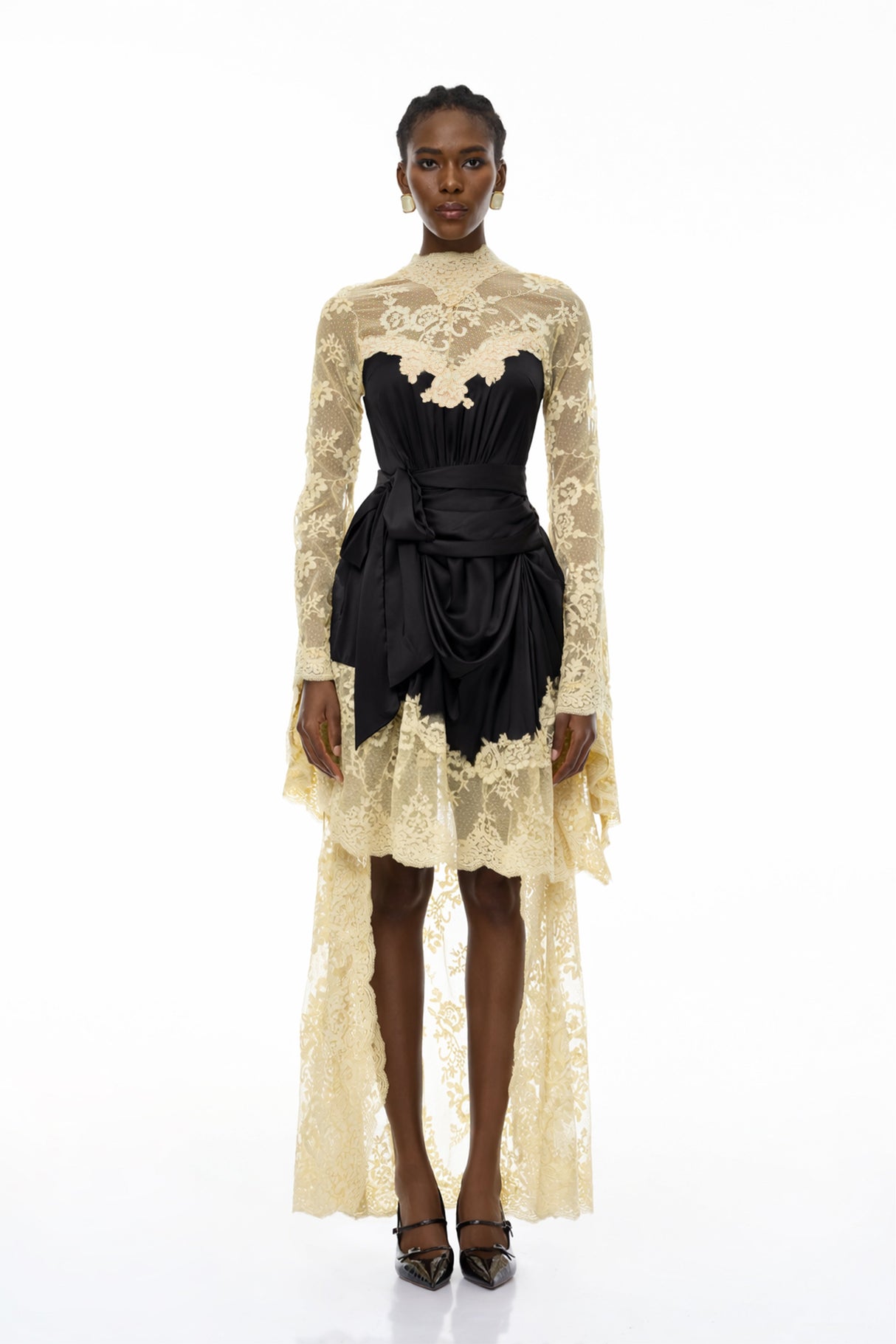 Aurohaya Francesca Black Self-tie Lace Midi Dress