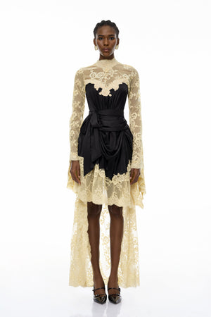 Aurohaya Francesca Black Self-tie Lace Midi Dress