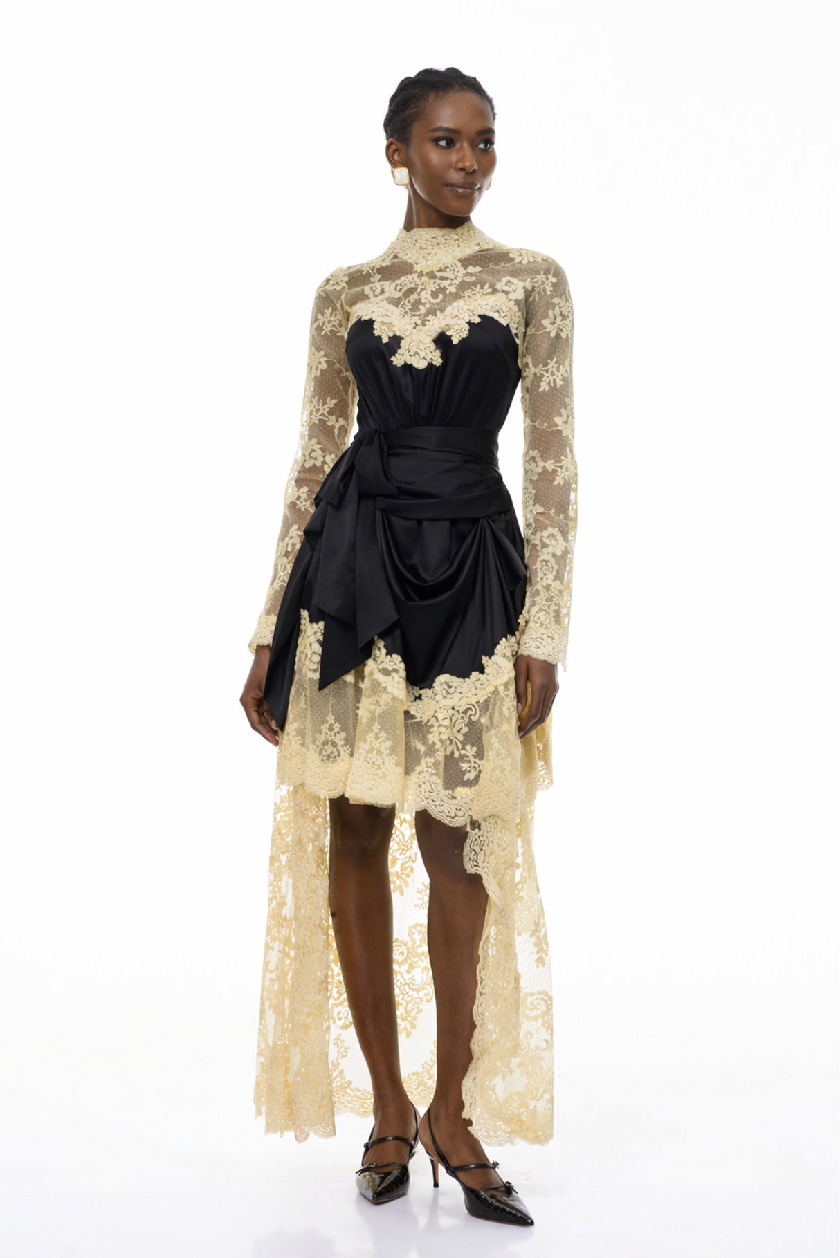 Aurohaya Francesca Black Self-tie Lace Midi Dress