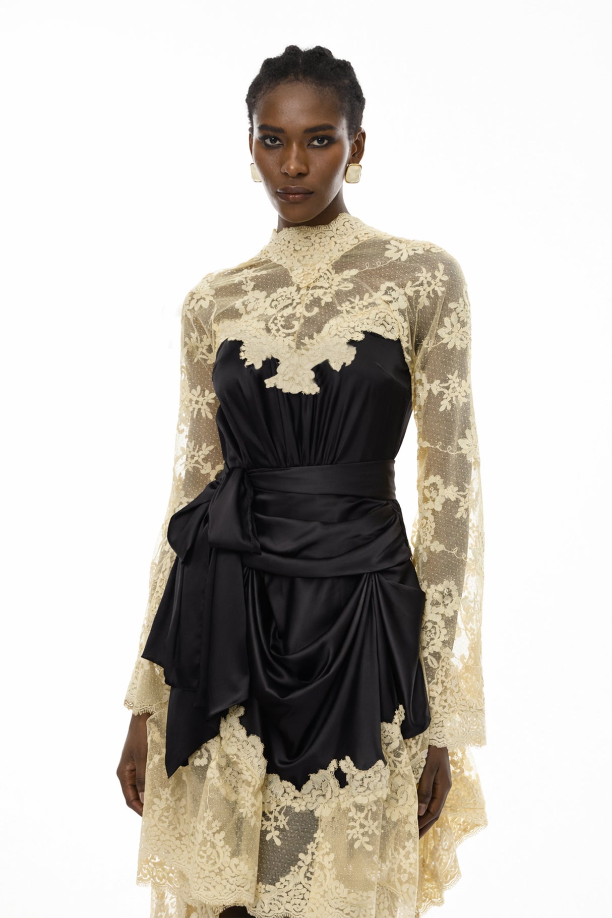 Aurohaya Francesca Black Self-tie Lace Midi Dress