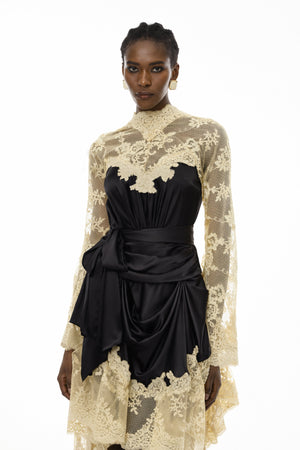 Aurohaya Francesca Black Self-tie Lace Midi Dress