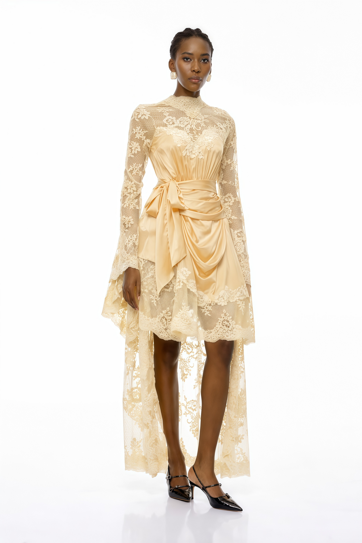 Aurohaya Francesca Neutral Self-tie Lace Midi Dress