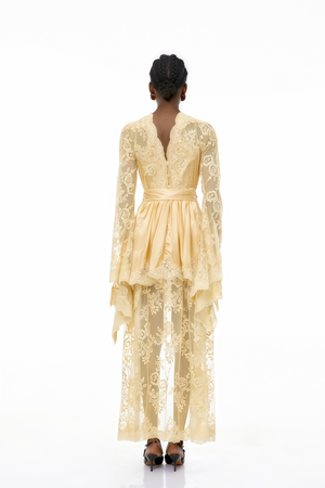 Aurohaya Francesca Neutral Self-tie Lace Midi Dress