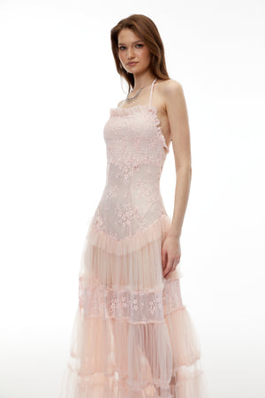 Aurohaya Francine Pink Floral Lace Tiered Maxi Dress