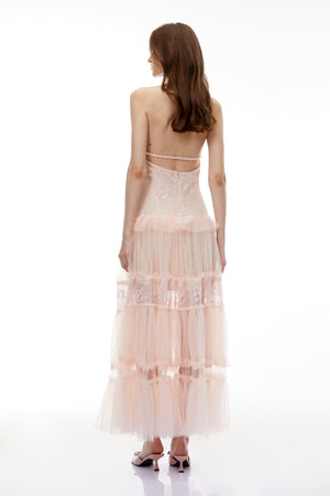 Aurohaya Francine Pink Floral Lace Tiered Maxi Dress