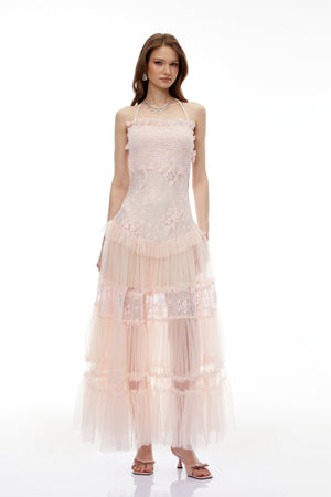 Aurohaya Francine Pink Floral Lace Tiered Maxi Dress