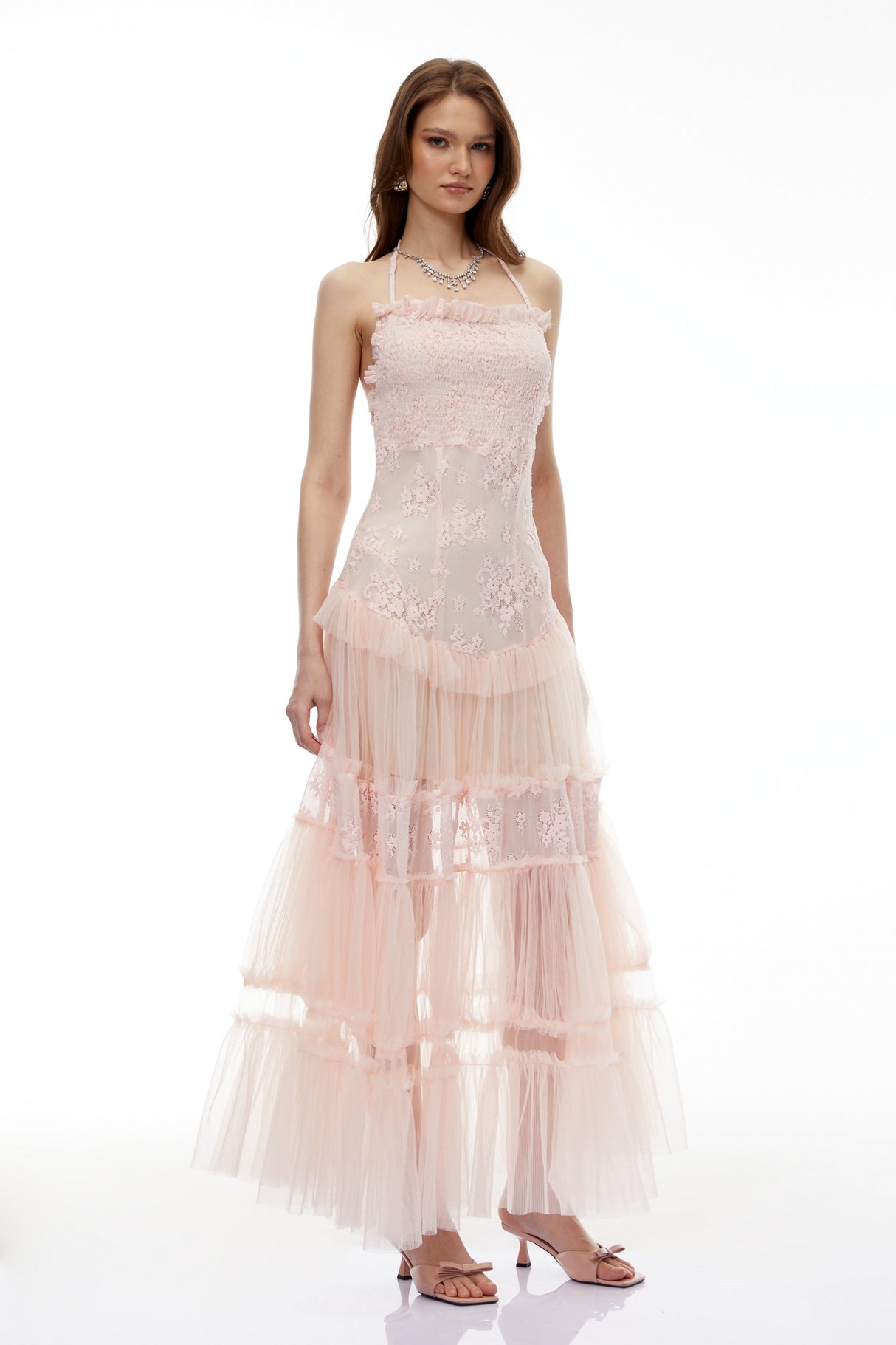 Aurohaya Francine Pink Floral Lace Tiered Maxi Dress