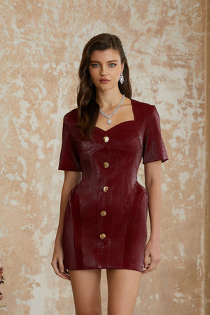 Aurohaya Frankie Red Leather Mini Dress with Decorative Buttons