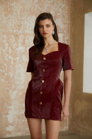 Aurohaya Frankie Red Leather Mini Dress with Decorative Buttons