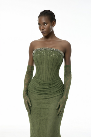 Aurohaya Franziska Green Embellished Corset Maxi Dress (Without Gloves)