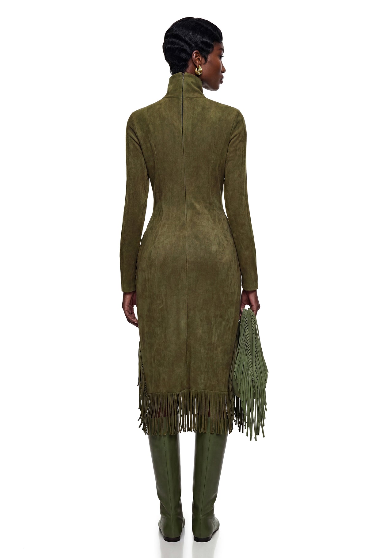Aurohaya Freya Green High Neck Midi Dress with Fringe