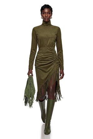 Aurohaya Freya Green High Neck Midi Dress with Fringe