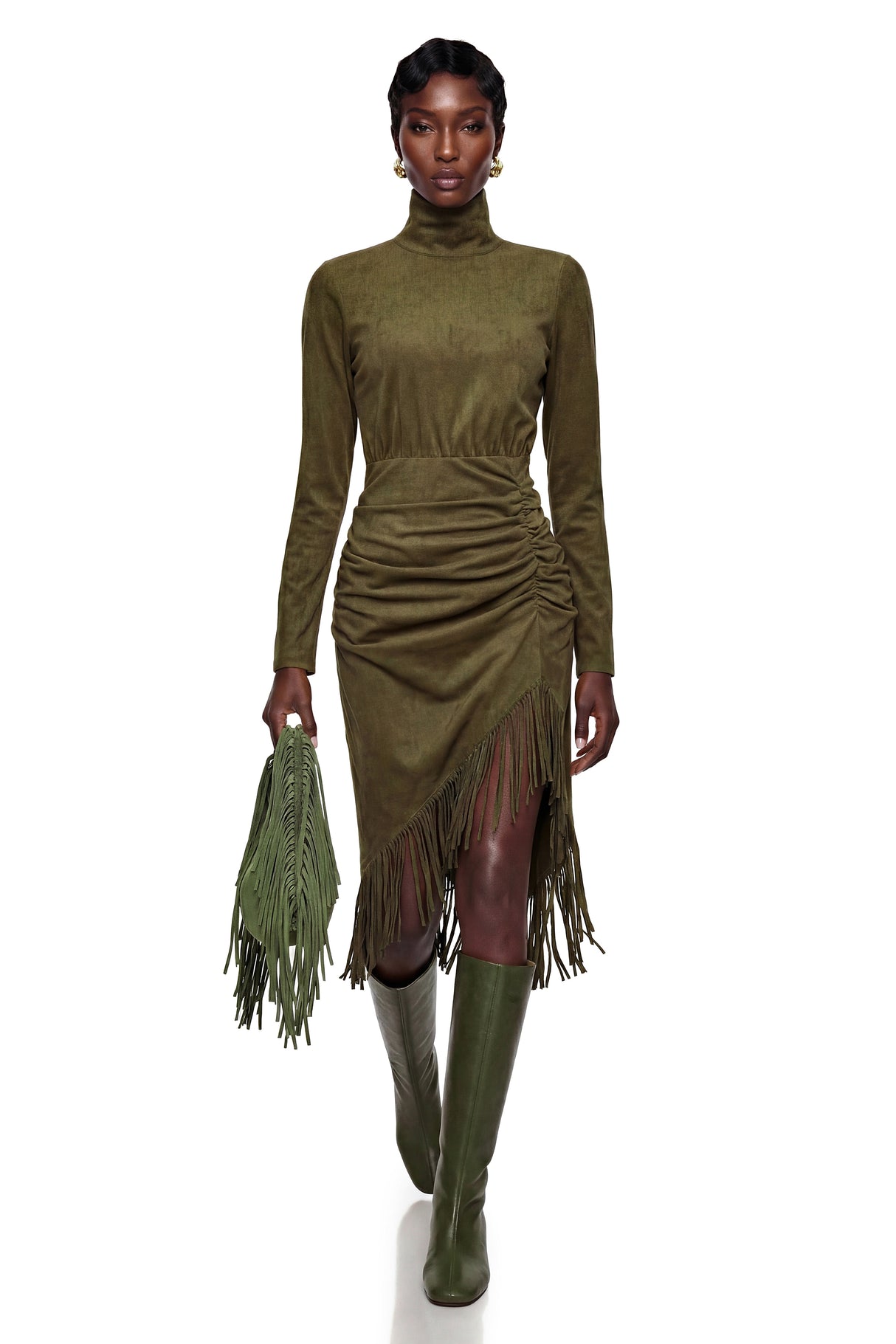 Aurohaya Freya Green High Neck Midi Dress with Fringe