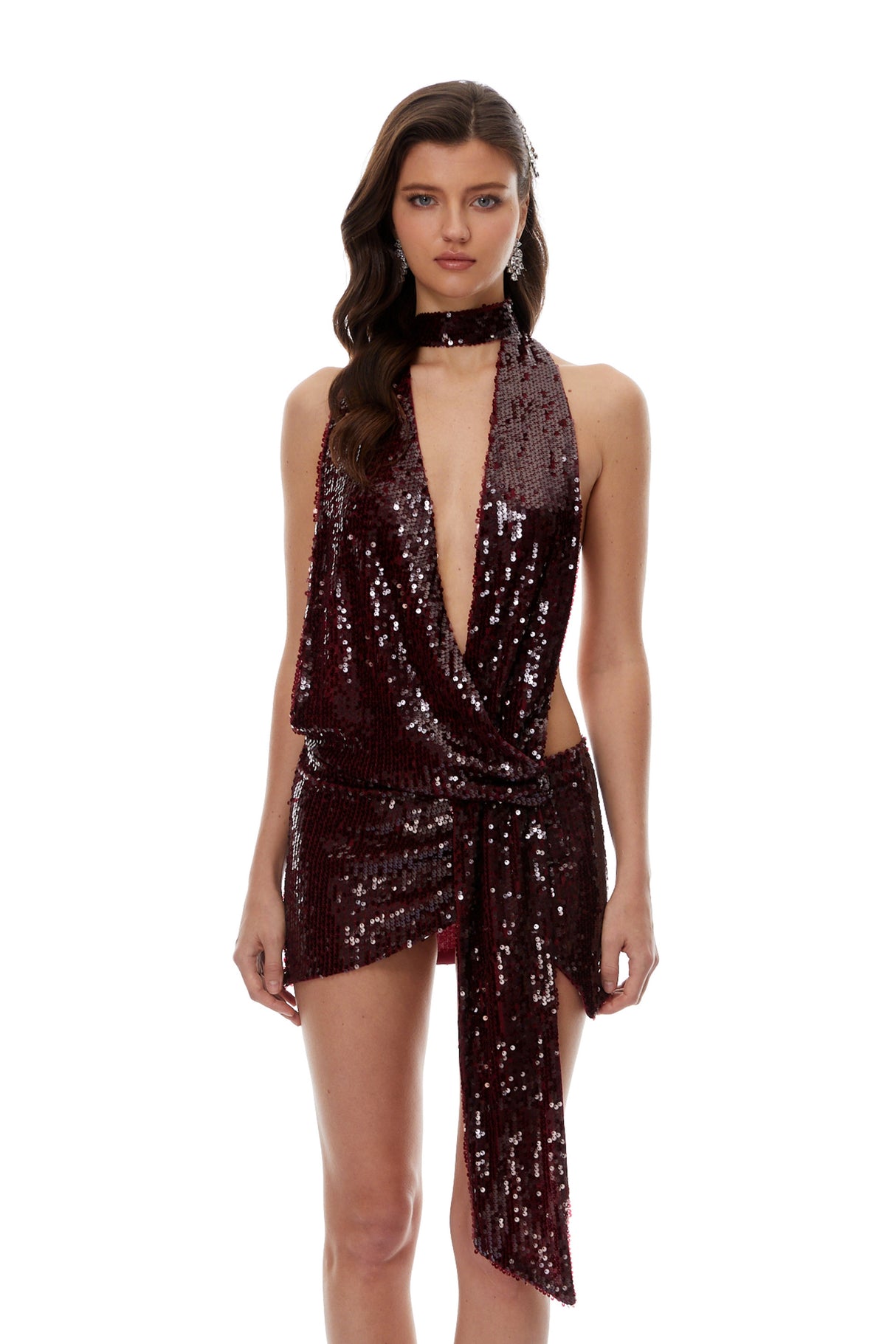 Aurohaya Frida Burgundy Deep V-Neck Sequin Mini Dress