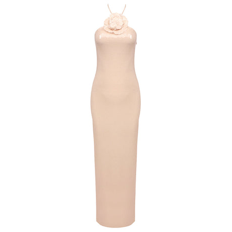 Aurohaya Marlène Sequin Halter Maxi Dress Beige
