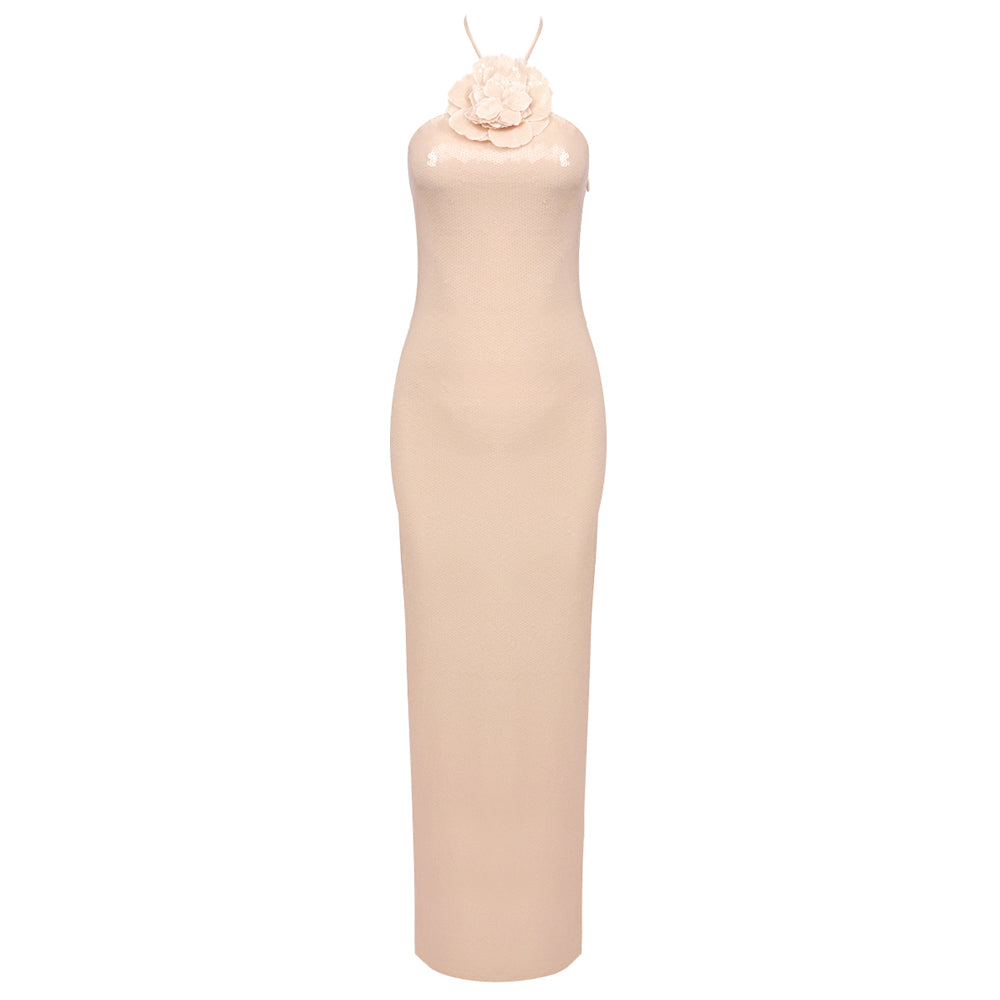 Aurohaya Marlène Sequin Halter Maxi Dress Beige