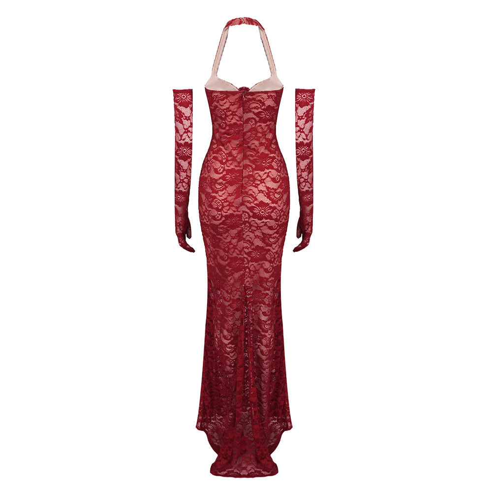 Aurohaya Violaine Lace Halter Maxi Dress