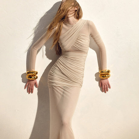 Aurohaya Isabeau Sequin Maxi Dress Beige