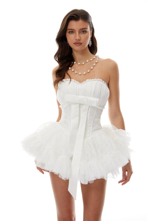 Aurohaya Gabriela White Bow Detail Ruffled Mini Dress