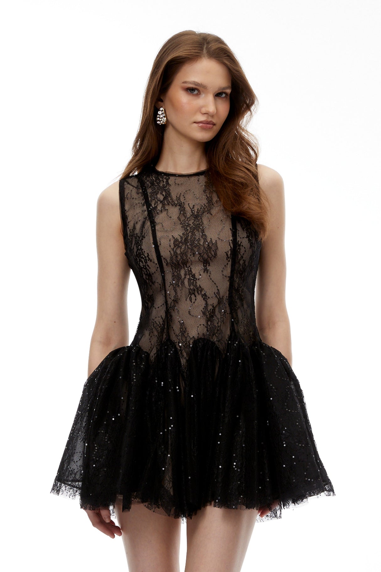 Aurohaya Gaetana Black Sequin Lace Mini Dress