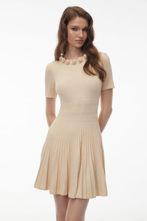Aurohaya Galatea Neutral Ribbed Knit Midi Dress