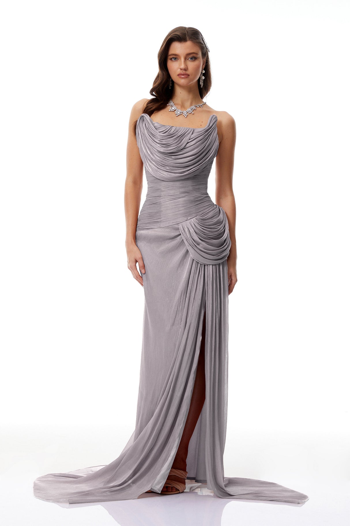 Aurohaya Gelsomina Grey Asymmetrical Glossy Gathered Maxi Dress
