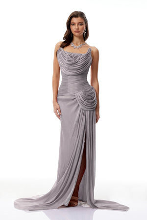 Aurohaya Gelsomina Grey Asymmetrical Glossy Gathered Maxi Dress