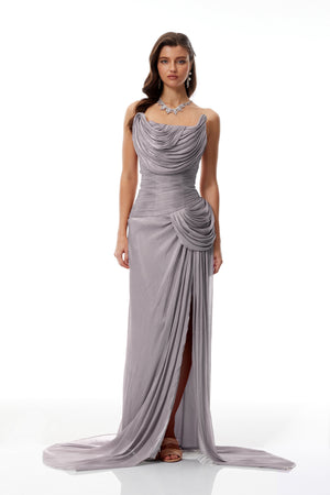 Aurohaya Gelsomina Grey Asymmetrical Glossy Gathered Maxi Dress