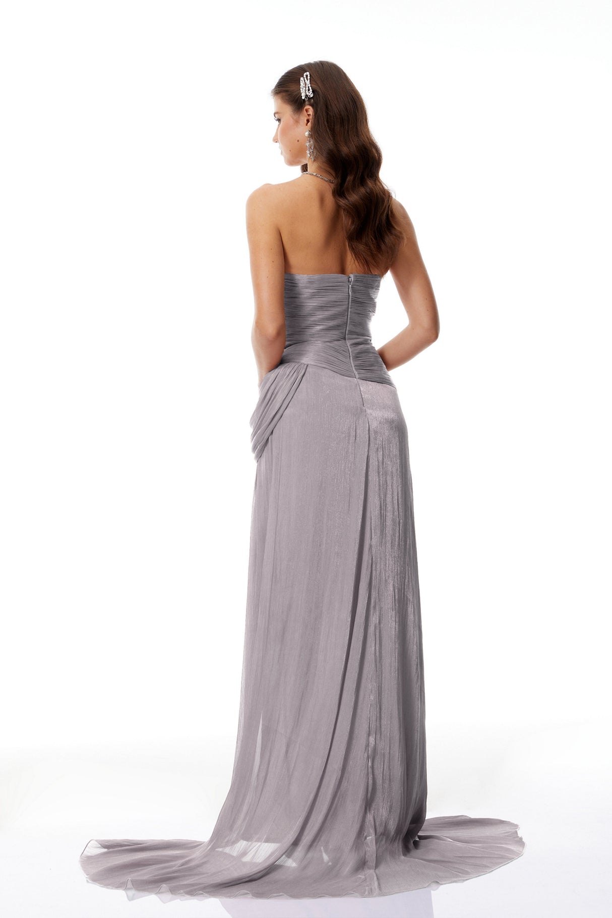 Aurohaya Gelsomina Grey Asymmetrical Glossy Gathered Maxi Dress