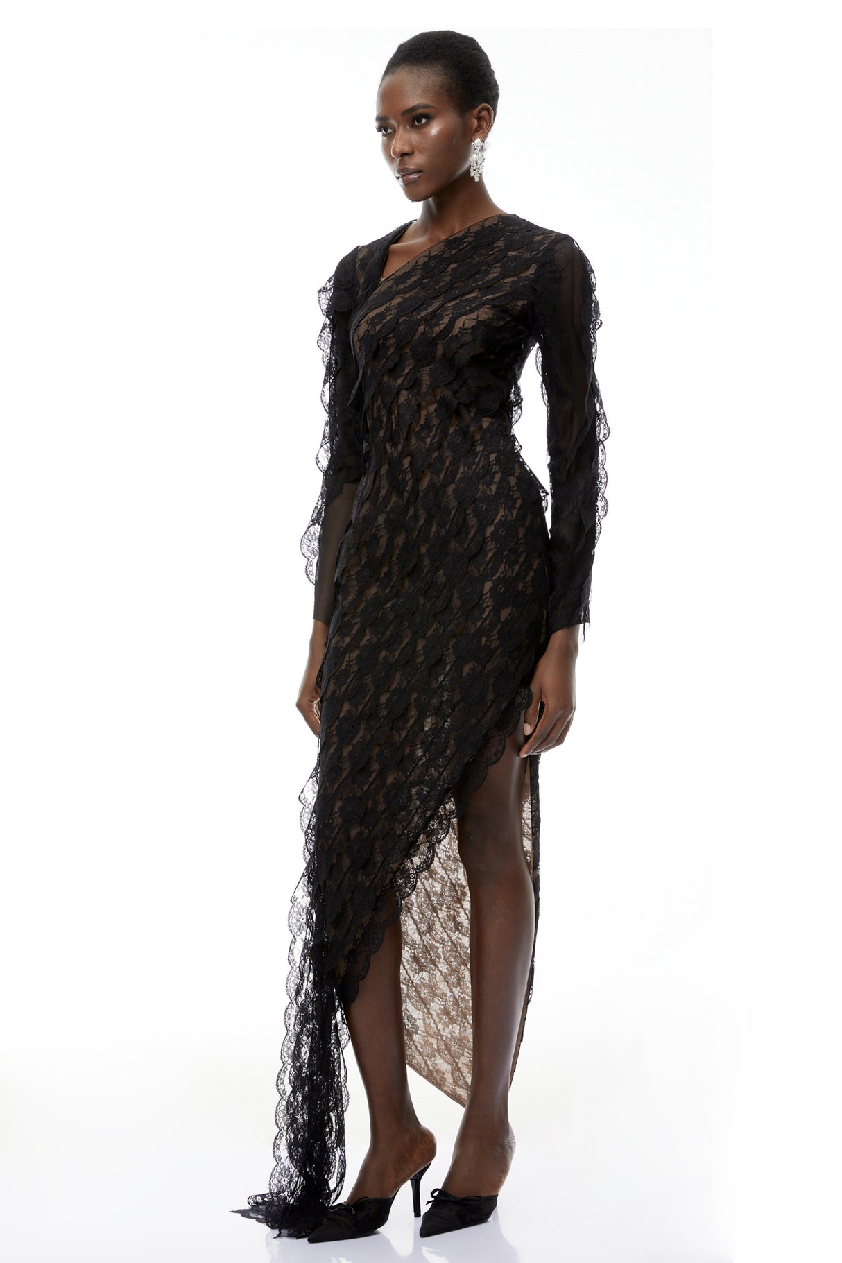 Aurohaya Gemma Black Floral Lace Asymmetrical Maxi Dress