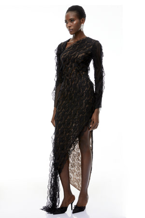 Aurohaya Gemma Black Floral Lace Asymmetrical Maxi Dress