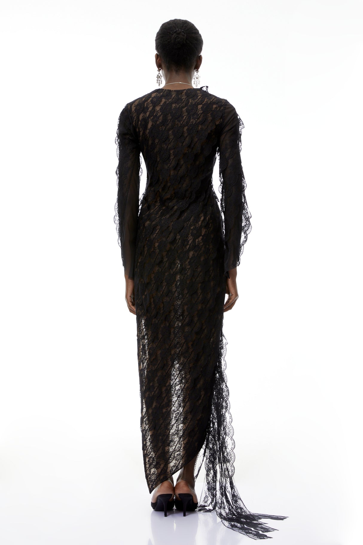Aurohaya Gemma Black Floral Lace Asymmetrical Maxi Dress