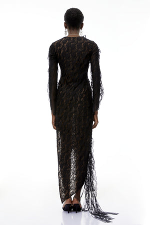 Aurohaya Gemma Black Floral Lace Asymmetrical Maxi Dress