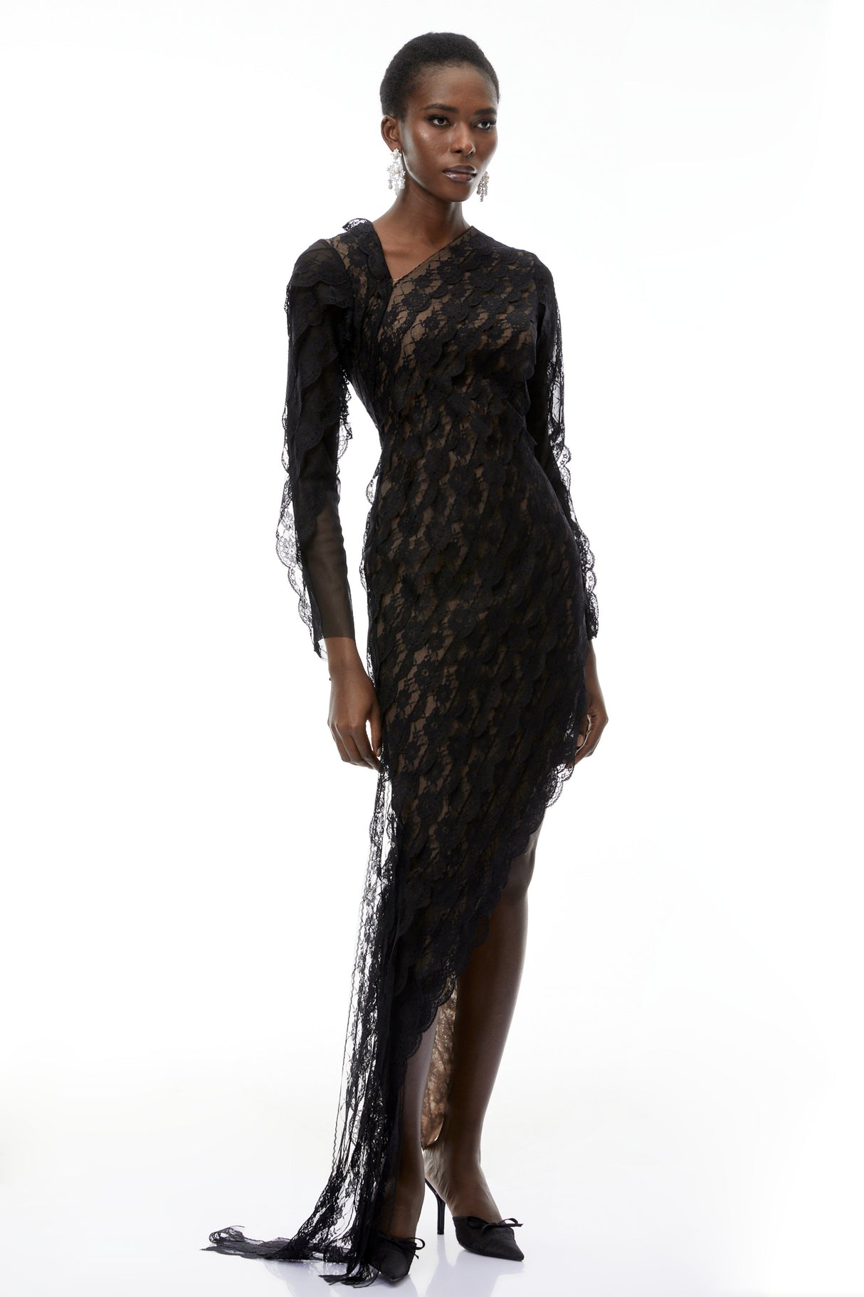 Aurohaya Gemma Black Floral Lace Asymmetrical Maxi Dress