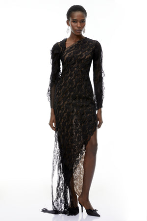Aurohaya Gemma Black Floral Lace Asymmetrical Maxi Dress