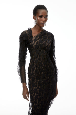 Aurohaya Gemma Black Floral Lace Asymmetrical Maxi Dress