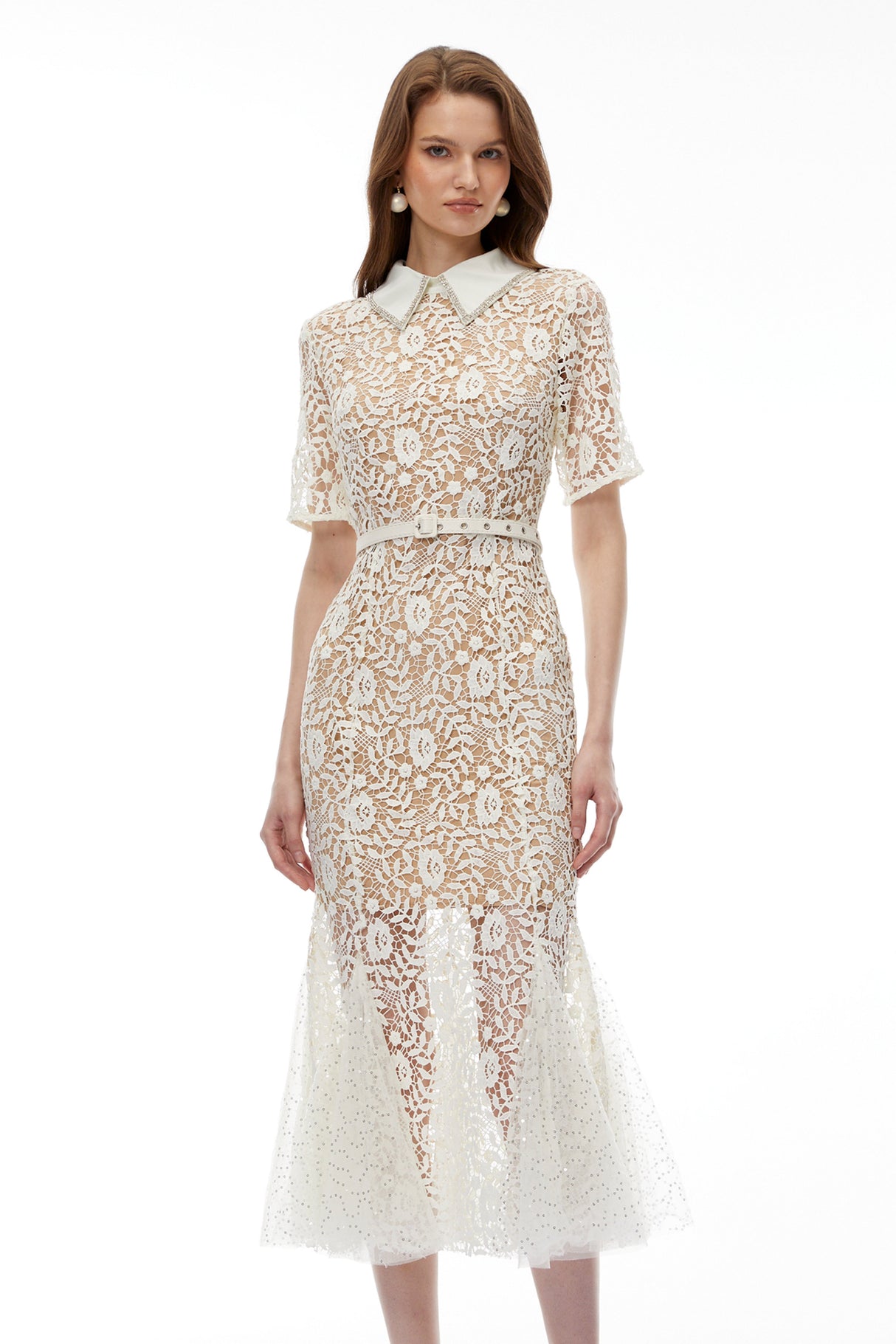 Aurohaya Genevieve Neutral Floral Lace Maxi Dress