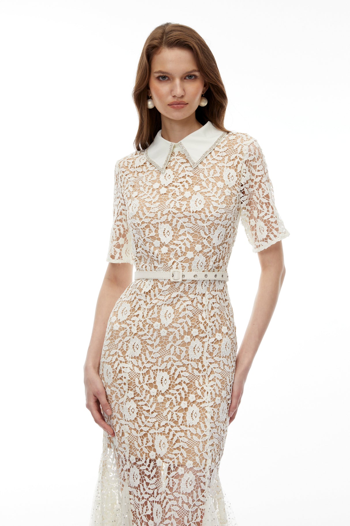 Aurohaya Genevieve Neutral Floral Lace Maxi Dress
