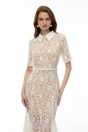 Aurohaya Genevieve Neutral Floral Lace Maxi Dress