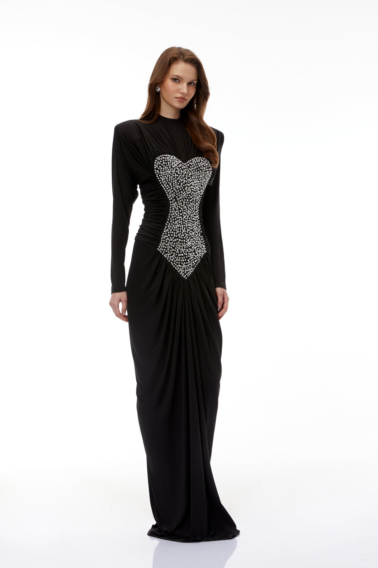 Aurohaya Genevra Black Embellished Ruched Maxi Dress