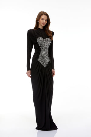 Aurohaya Genevra Black Embellished Ruched Maxi Dress